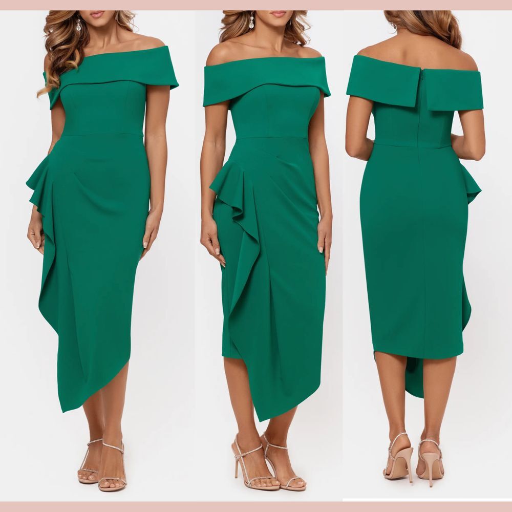 NWT $239 Betsy & Adam [ 10 ] Ruffle Off Shoulder Cocktail Midi Dress Green‎